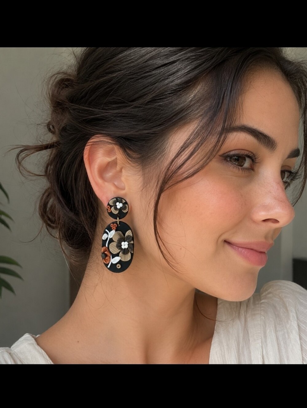 Black floral Clay Earrings